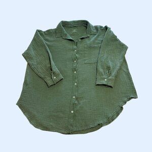 Aerie Gauzy Coverup Shirt ("Pool to Party" Button Down), Olive Green, Size L